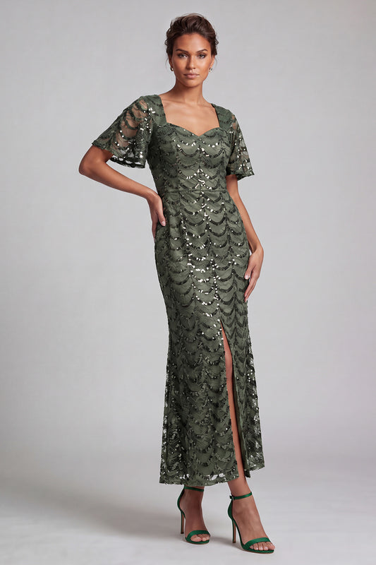 Sparkly Olive Long Short Sleeves Mermaid Sequin Mother of the Bride Dress