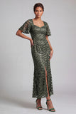 Sparkly Olive Long Short Sleeves Mermaid Sequin Mother of the Bride Dress