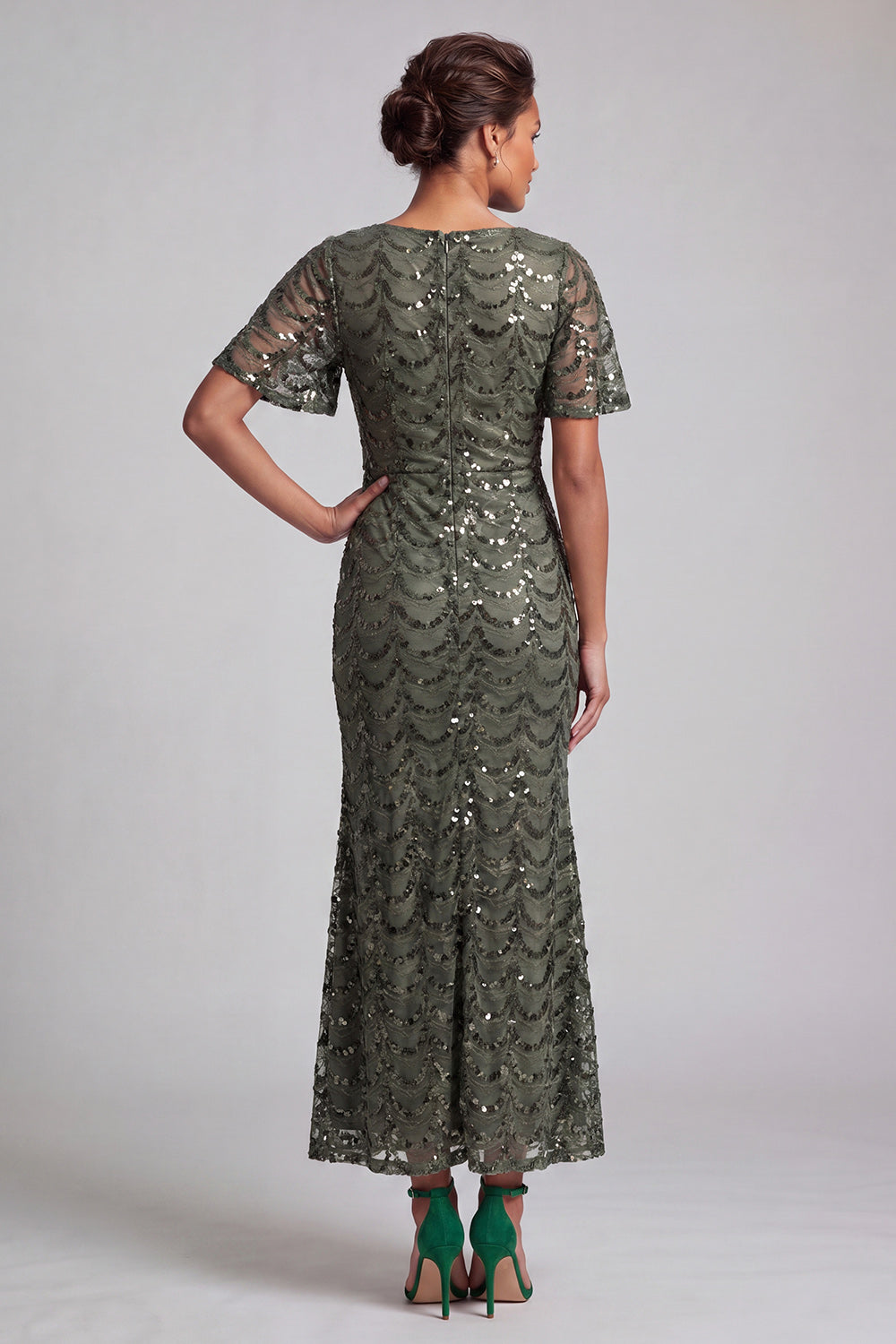 Sparkly Olive Long Short Sleeves Mermaid Sequin Mother of the Bride Dress