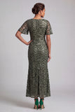 Sparkly Olive Long Short Sleeves Mermaid Sequin Mother of the Bride Dress