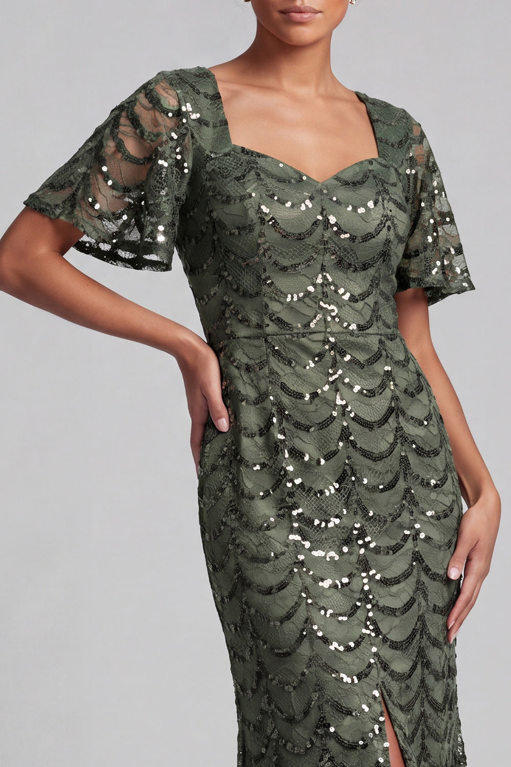 Sparkly Olive Long Short Sleeves Mermaid Sequin Mother of the Bride Dress