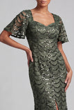 Sparkly Olive Long Short Sleeves Mermaid Sequin Mother of the Bride Dress