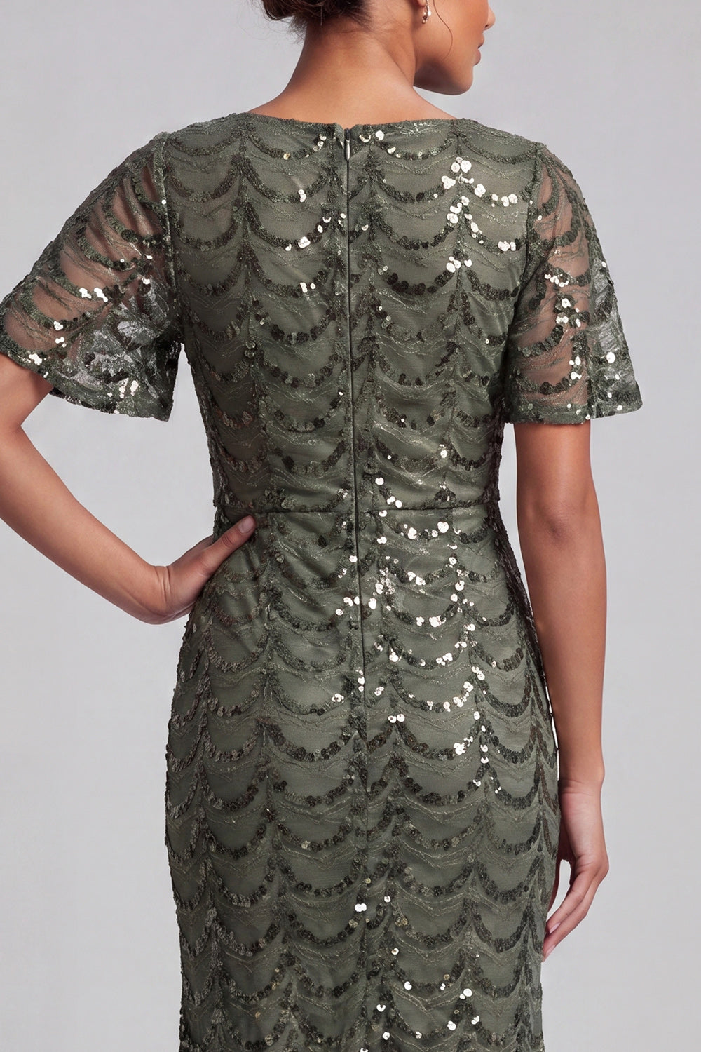 Sparkly Olive Long Short Sleeves Mermaid Sequin Mother of the Bride Dress