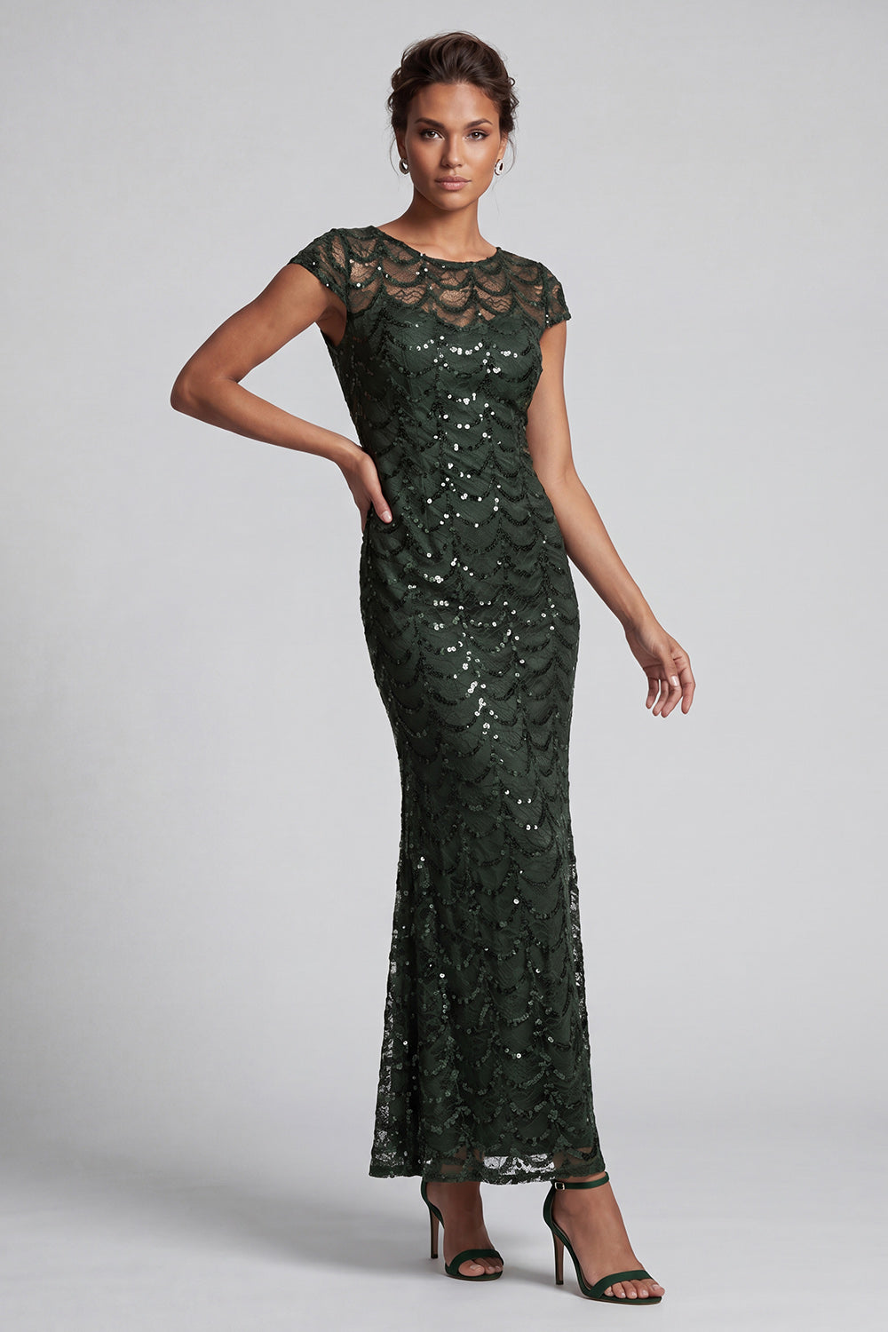 Sparkly Olive Long Boat Neck Mermaid Sequin Mother of the Bride Dress