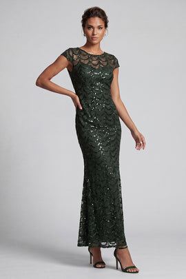 Sparkly Olive Long Boat Neck Mermaid Sequin Mother of the Bride Dress