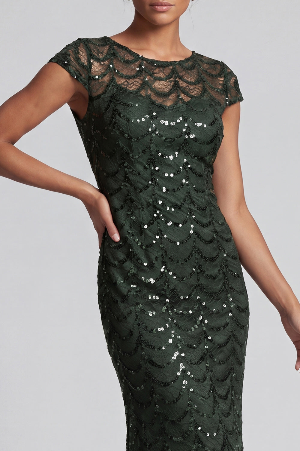 Sparkly Olive Long Boat Neck Mermaid Sequin Mother of the Bride Dress
