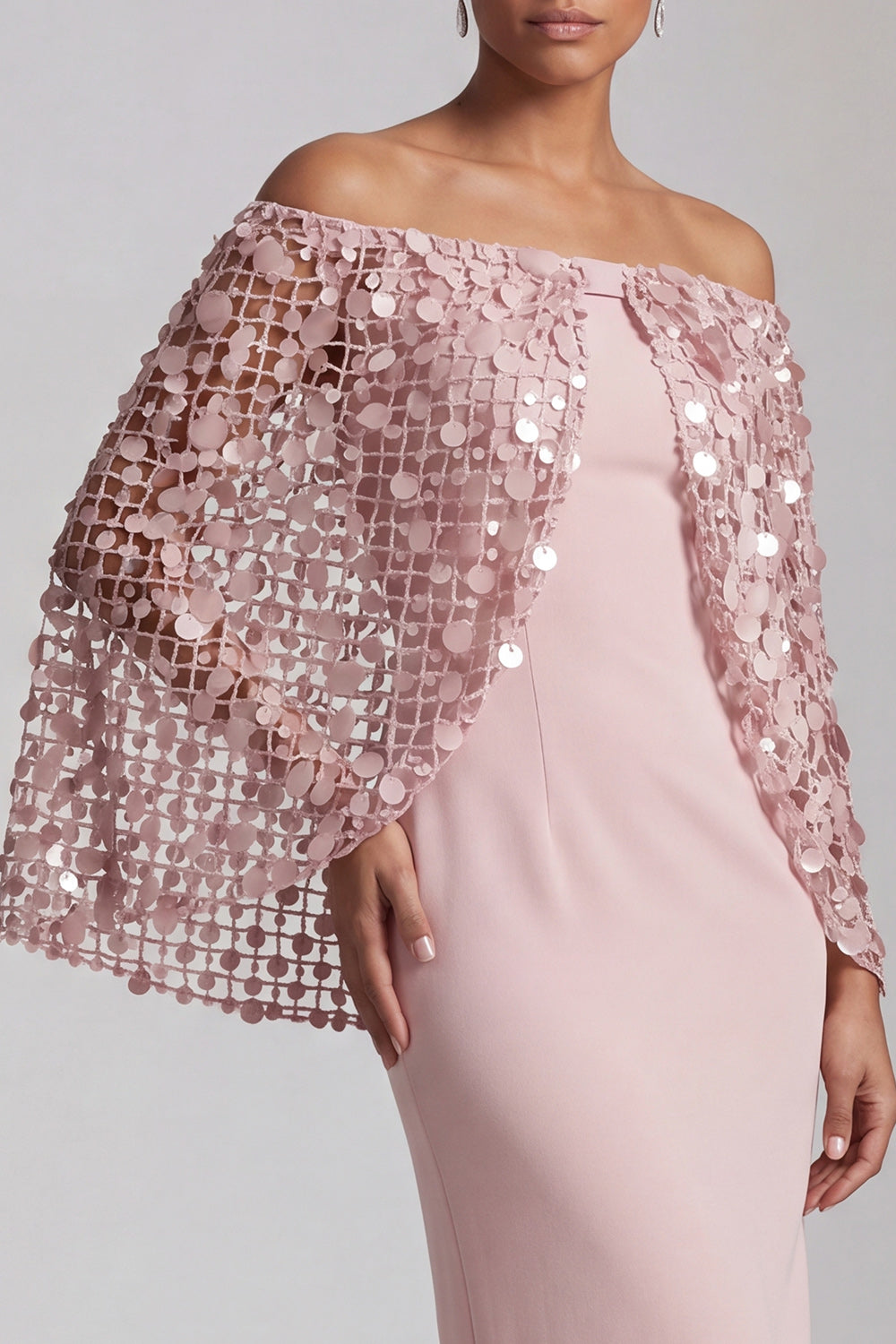 Sparkly Dusty Rose Sheath Sequin Long Mother of the Bride Dress with Cape