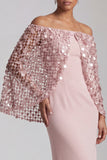 Sparkly Dusty Rose Sheath Sequin Long Mother of the Bride Dress with Cape