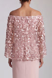 Sparkly Dusty Rose Sheath Sequin Long Mother of the Bride Dress with Cape
