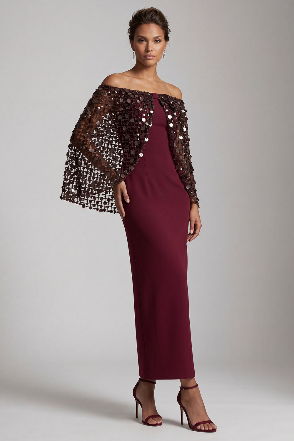Sparkly Dusty Rose Sheath Sequin Long Mother of the Bride Dress with Cape