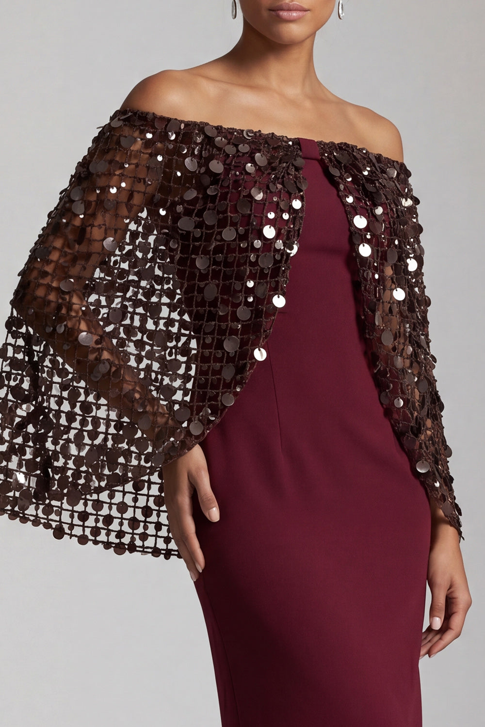 Sparkly Dusty Rose Sheath Sequin Long Mother of the Bride Dress with Cape
