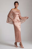 Sparkly Dusty Rose Sheath Sequin Long Mother of the Bride Dress with Cape