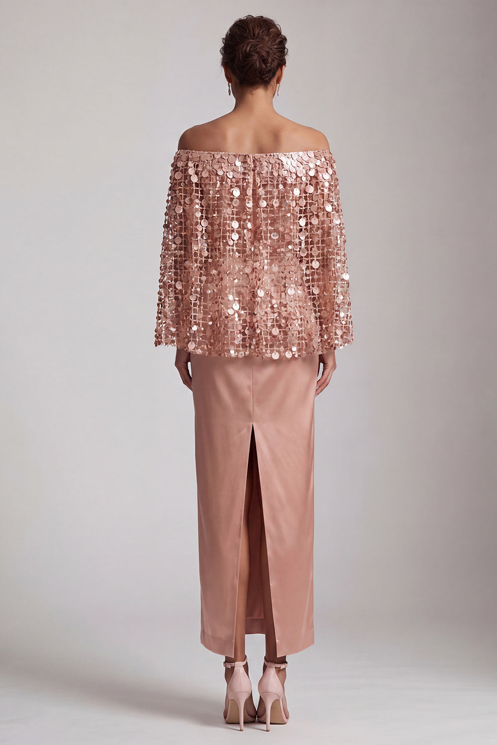 Sparkly Dusty Rose Sheath Sequin Long Mother of the Bride Dress with Cape