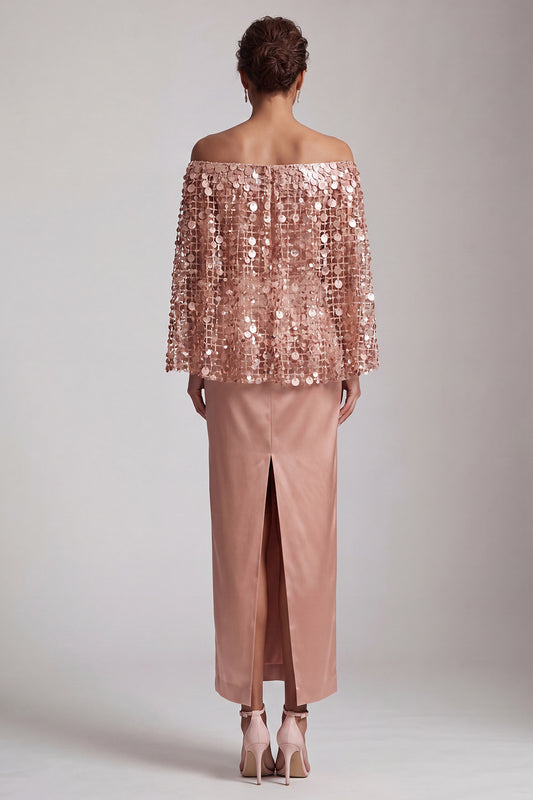 Sparkly Dusty Rose Sheath Sequin Long Mother of the Bride Dress with Cape