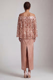 Sparkly Dusty Rose Sheath Sequin Long Mother of the Bride Dress with Cape
