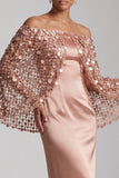 Sparkly Dusty Rose Sheath Sequin Long Mother of the Bride Dress with Cape