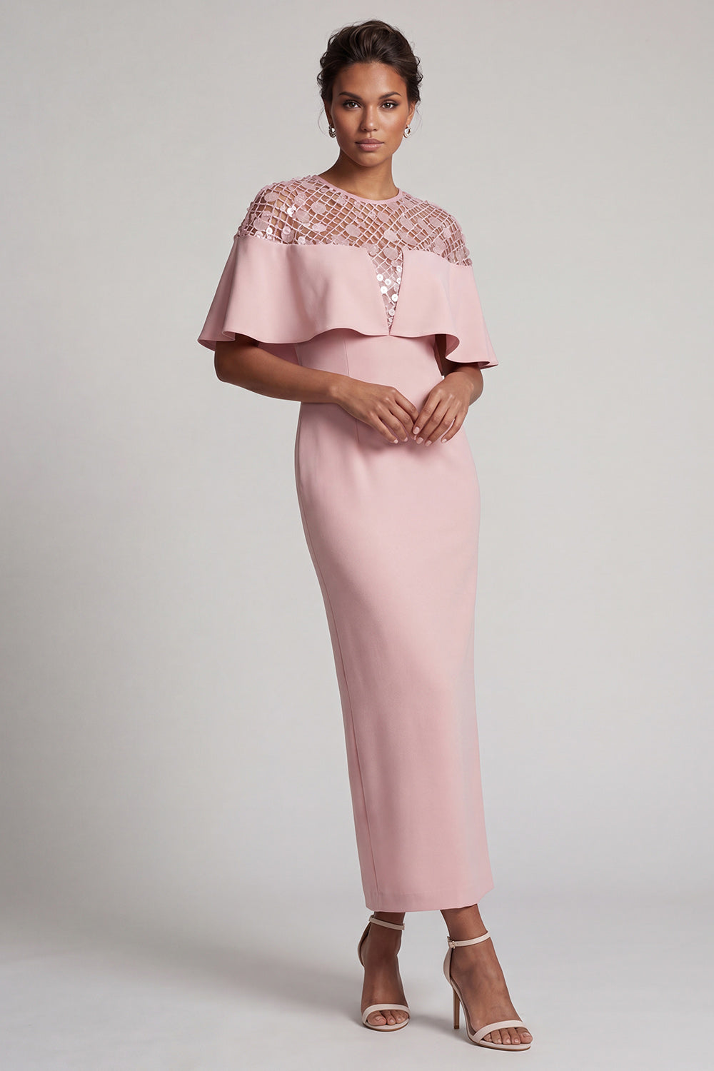 Sheath Sequin Long Sparkly Dusty Rose Mother of the Bride Dress with Cape