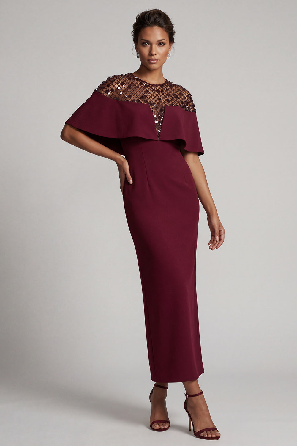 Sheath Sequin Long Sparkly Dusty Rose Mother of the Bride Dress with Cape