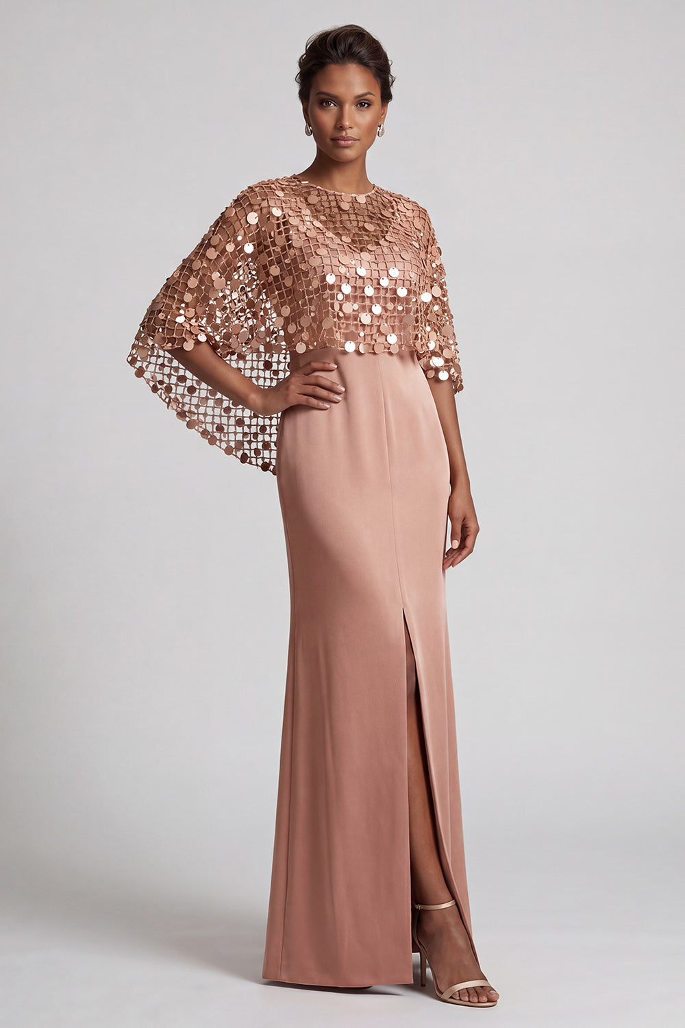 Sparkly Pink Mermaid Sequin Long Mother of the Bride Dress with Cape