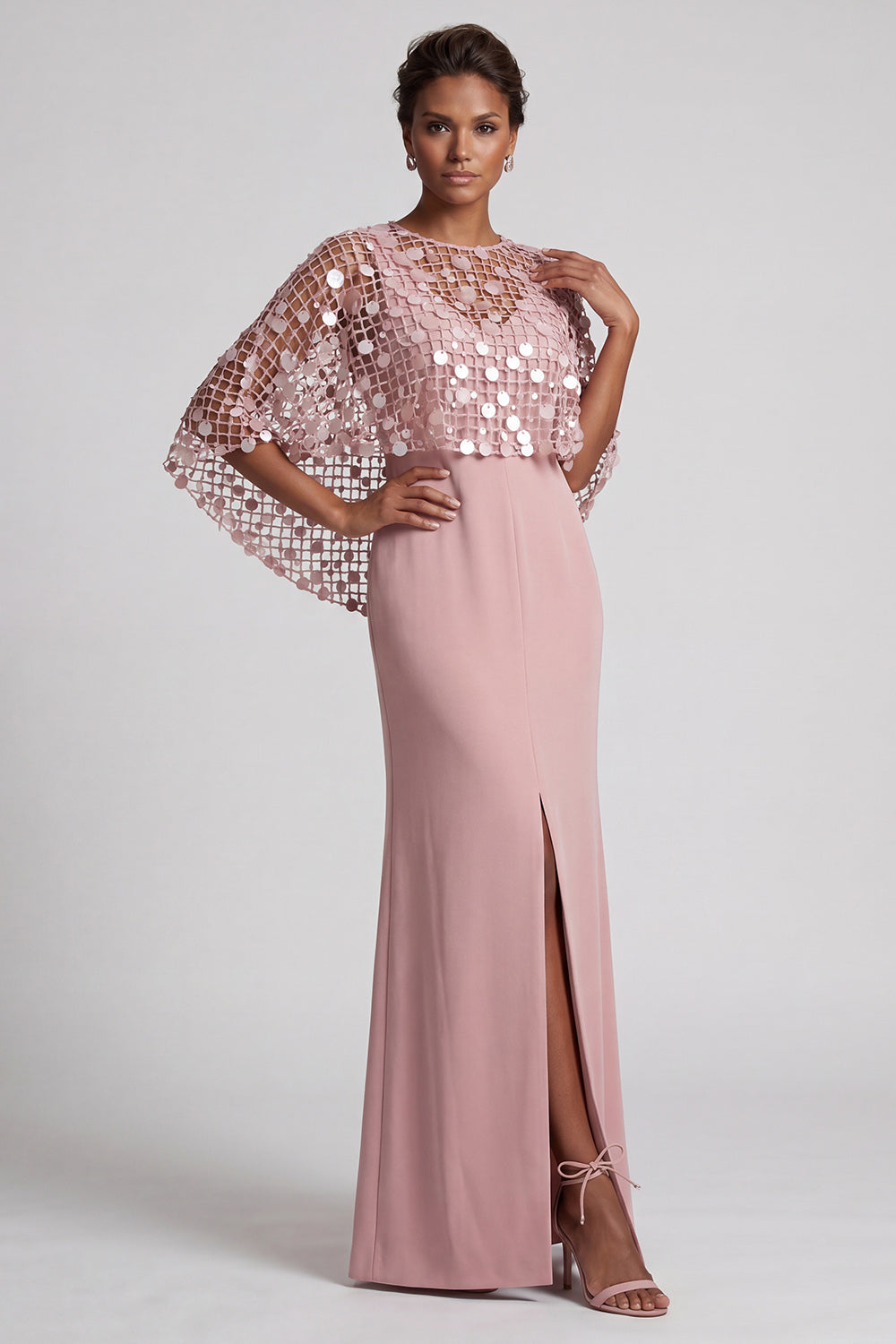 Sparkly Pink Mermaid Sequin Long Mother of the Bride Dress with Cape