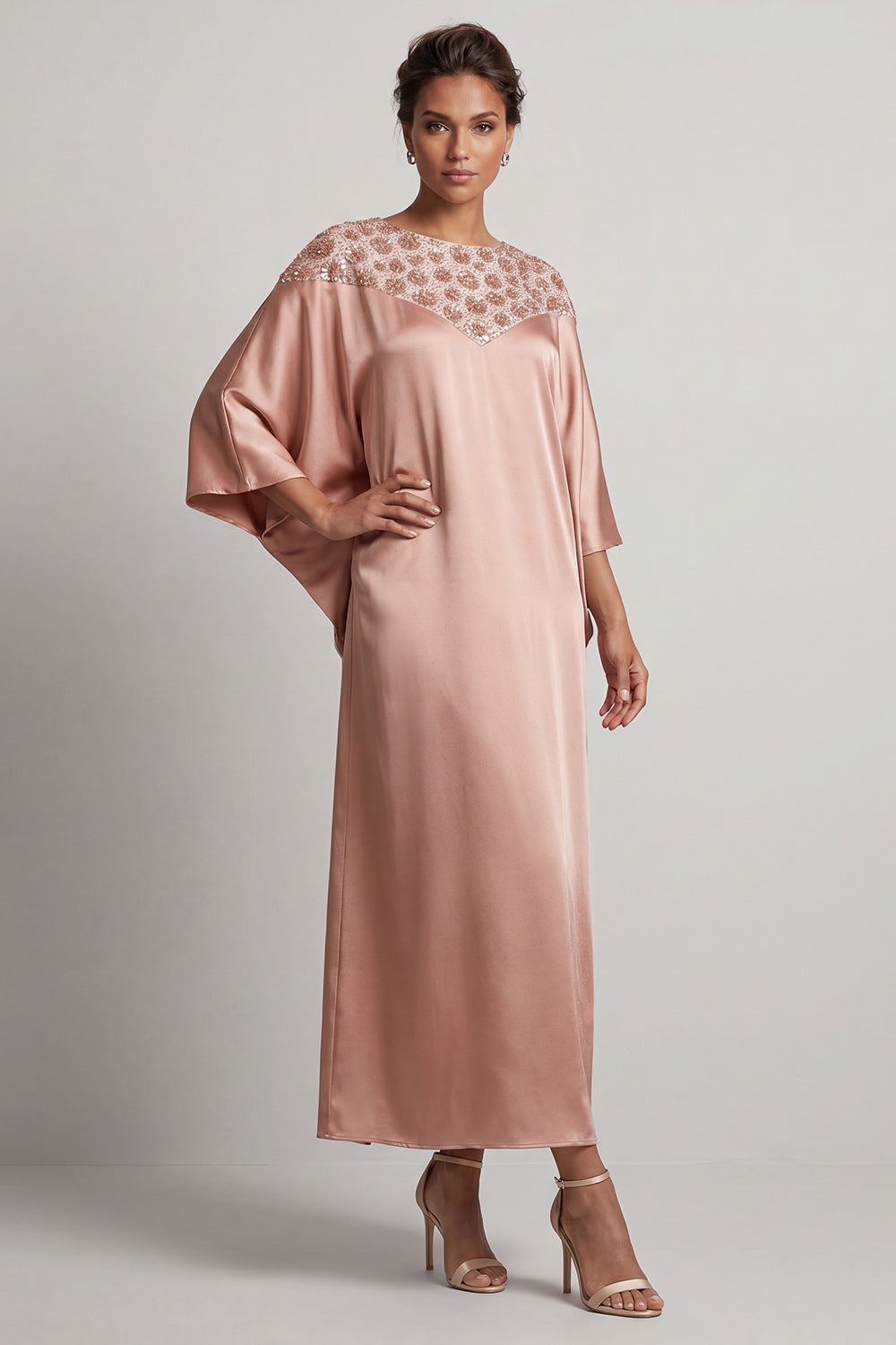 Long Sparkly Pink Sheath Sequin Boat Neck Mother of the Bride Dress
