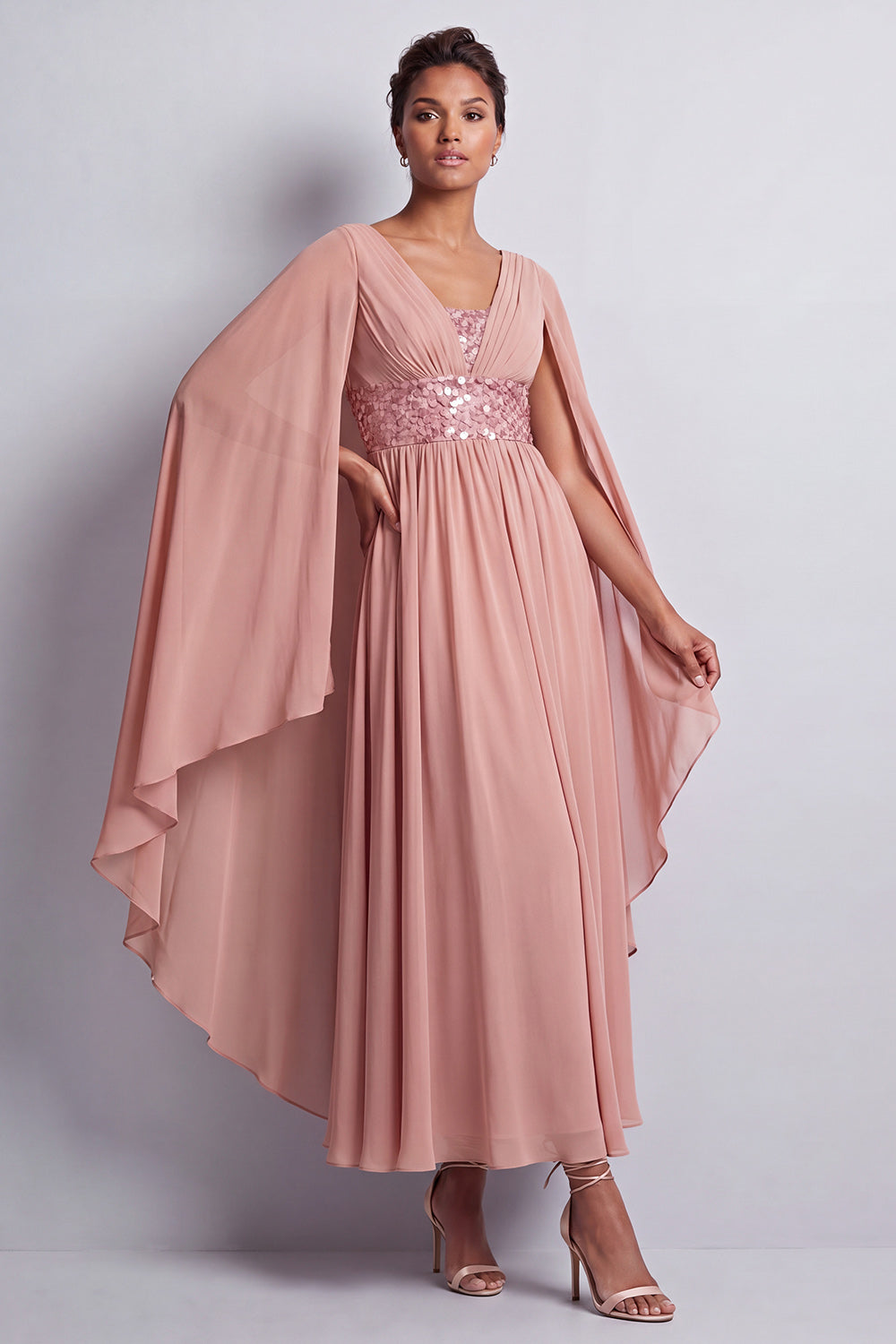 Long Sparkly Pink A Line Beaded V-Neck Mother of the Bride Dress with Cape
