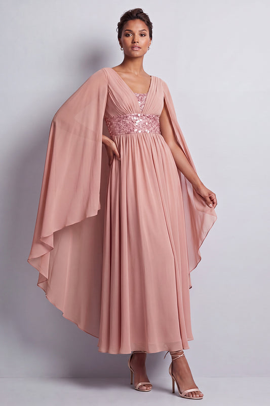 Long Sparkly Pink A Line Beaded V-Neck Mother of the Bride Dress with Cape
