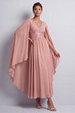 Long Sparkly Pink A Line Beaded V-Neck Mother of the Bride Dress with Cape