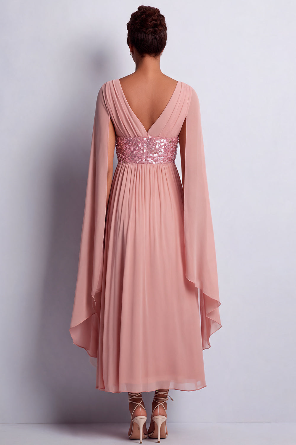 Long Sparkly Pink A Line Beaded V-Neck Mother of the Bride Dress with Cape