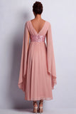 Long Sparkly Pink A Line Beaded V-Neck Mother of the Bride Dress with Cape