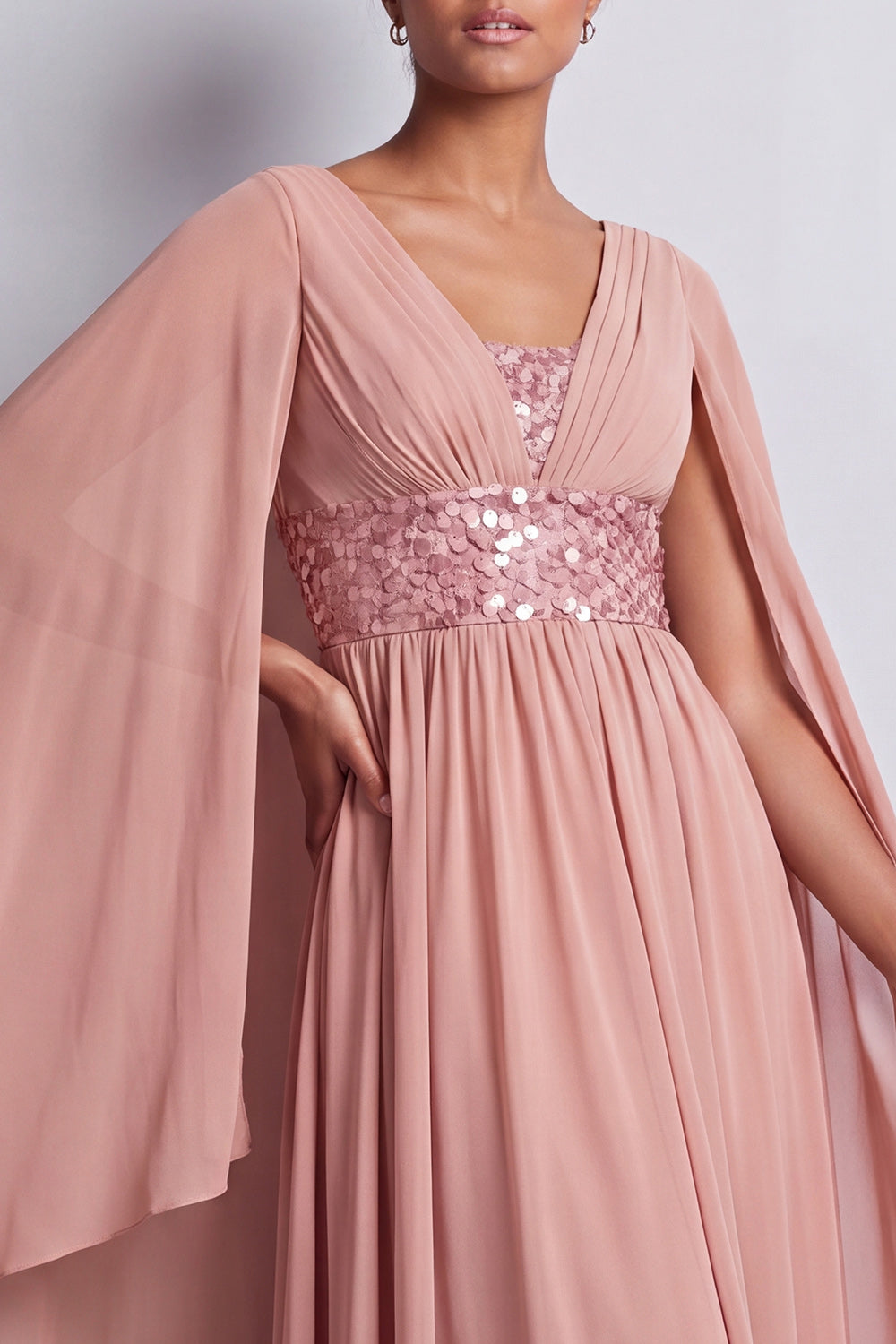Long Sparkly Pink A Line Beaded V-Neck Mother of the Bride Dress with Cape
