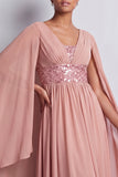 Long Sparkly Pink A Line Beaded V-Neck Mother of the Bride Dress with Cape