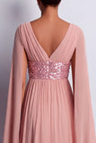 Long Sparkly Pink A Line Beaded V-Neck Mother of the Bride Dress with Cape