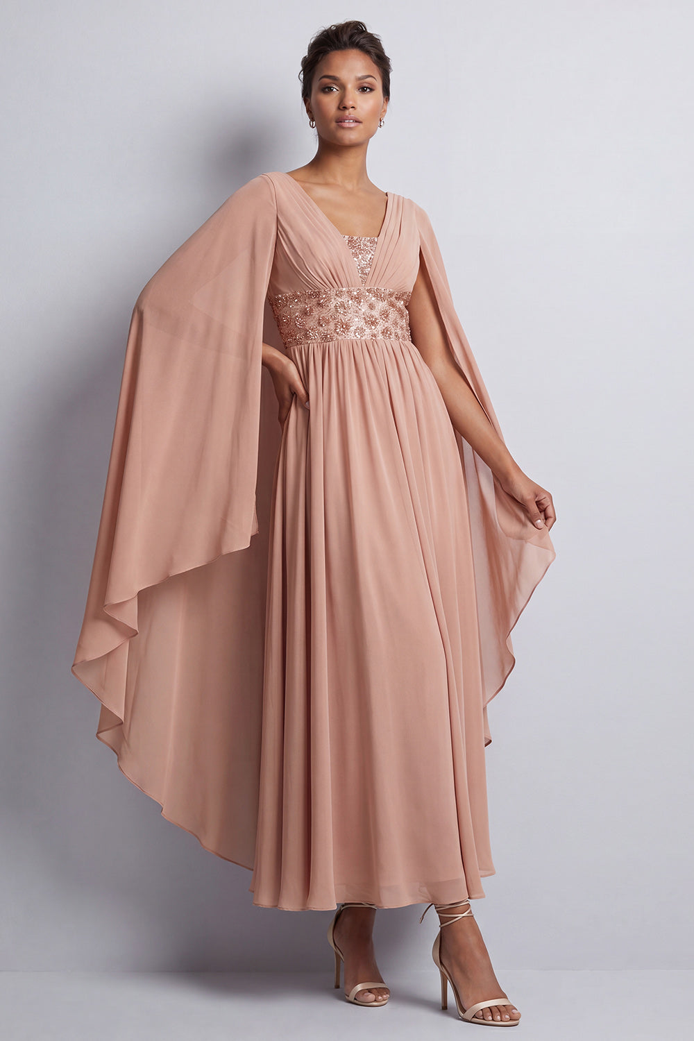 Long Sparkly Pink A Line Beaded V-Neck Mother of the Bride Dress with Cape