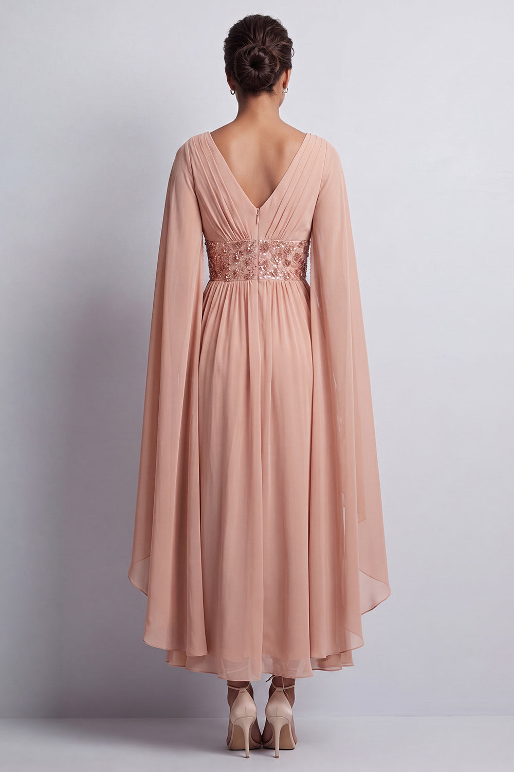 Long Sparkly Pink A Line Beaded V-Neck Mother of the Bride Dress with Cape
