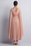 Long Sparkly Pink A Line Beaded V-Neck Mother of the Bride Dress with Cape