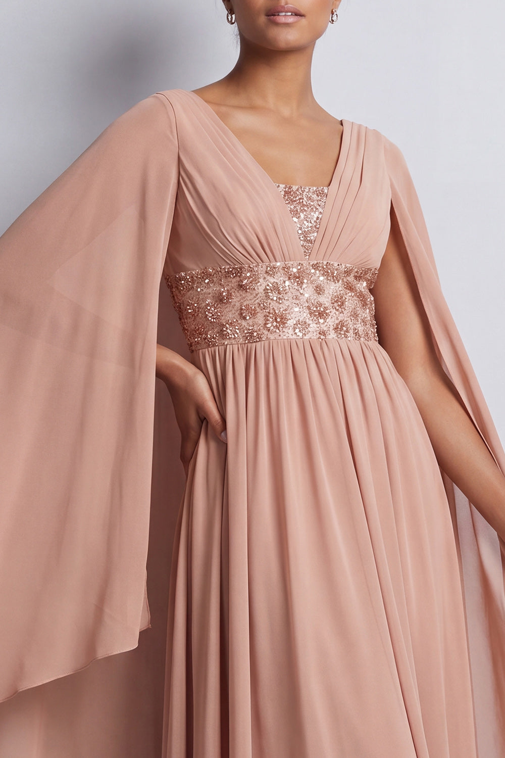 Long Sparkly Pink A Line Beaded V-Neck Mother of the Bride Dress with Cape