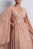 Long Sparkly Pink A Line Beaded V-Neck Mother of the Bride Dress with Cape