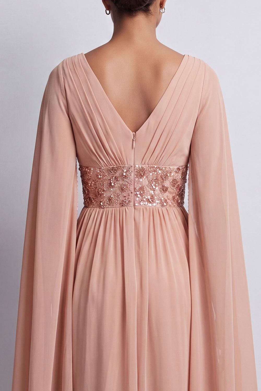 Long Sparkly Pink A Line Beaded V-Neck Mother of the Bride Dress with Cape