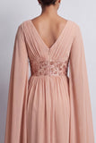 Long Sparkly Pink A Line Beaded V-Neck Mother of the Bride Dress with Cape