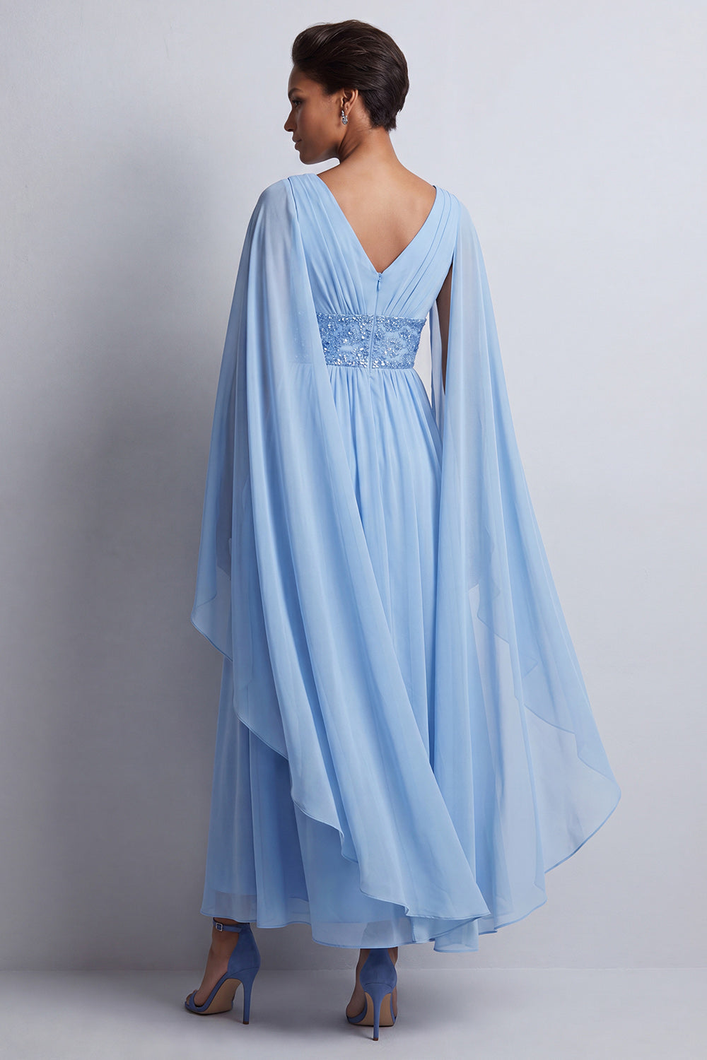 Long Sparkly Pink A Line Beaded V-Neck Mother of the Bride Dress with Cape