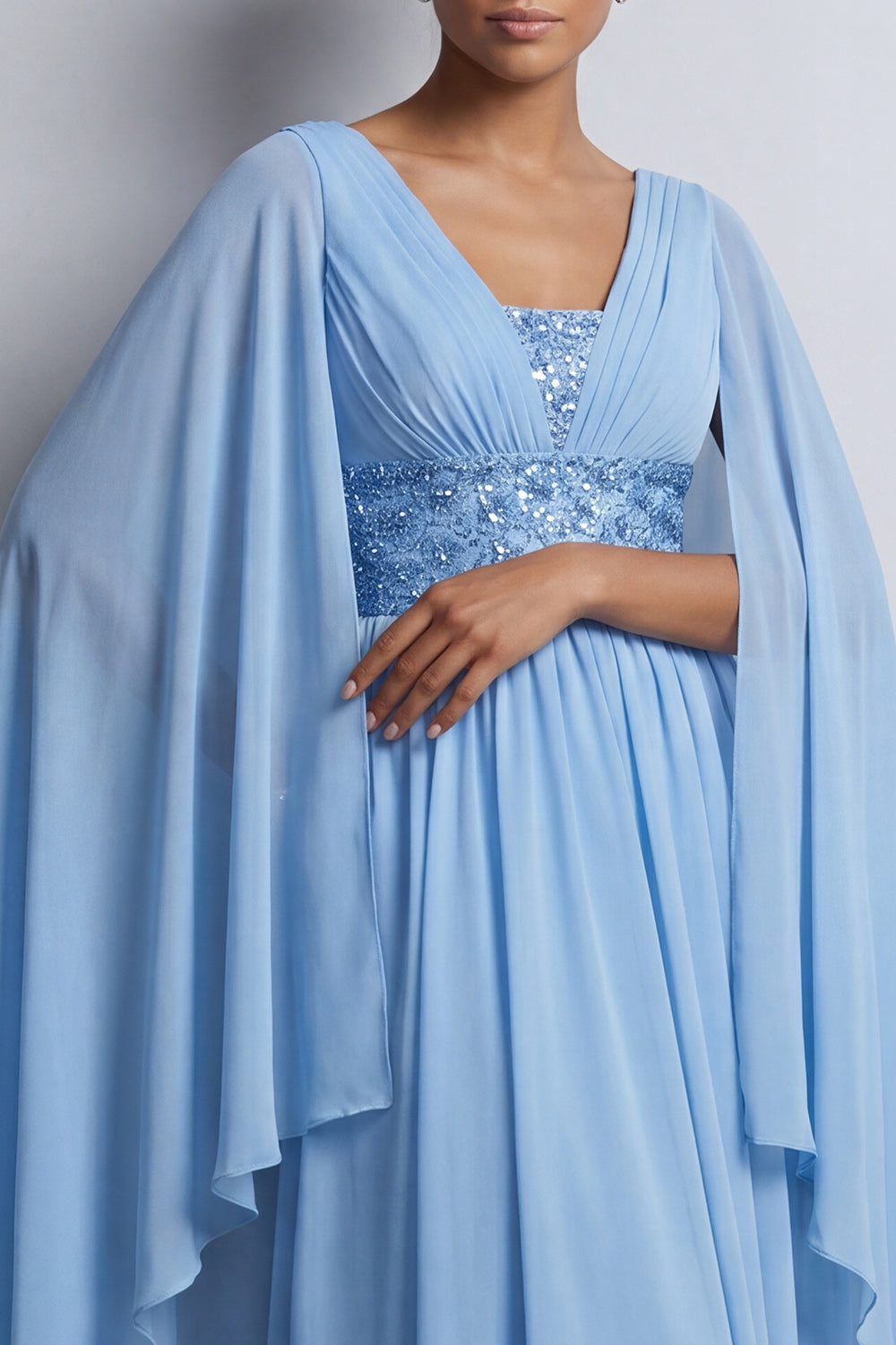 Long Sparkly Pink A Line Beaded V-Neck Mother of the Bride Dress with Cape