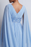 Long Sparkly Pink A Line Beaded V-Neck Mother of the Bride Dress with Cape