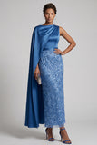 Long Sparkly Dusty Rose Sheath Sequin Mother of the Bride Dress with Side Cape