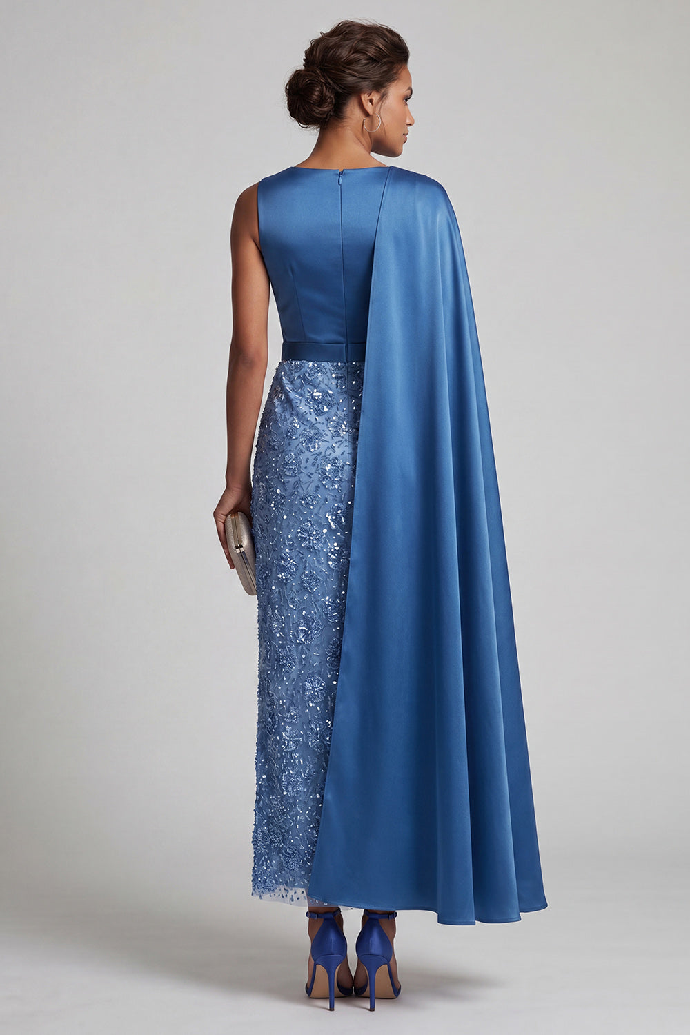 Long Sparkly Dusty Rose Sheath Sequin Mother of the Bride Dress with Side Cape