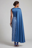 Long Sparkly Dusty Rose Sheath Sequin Mother of the Bride Dress with Side Cape