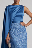 Long Sparkly Dusty Rose Sheath Sequin Mother of the Bride Dress with Side Cape