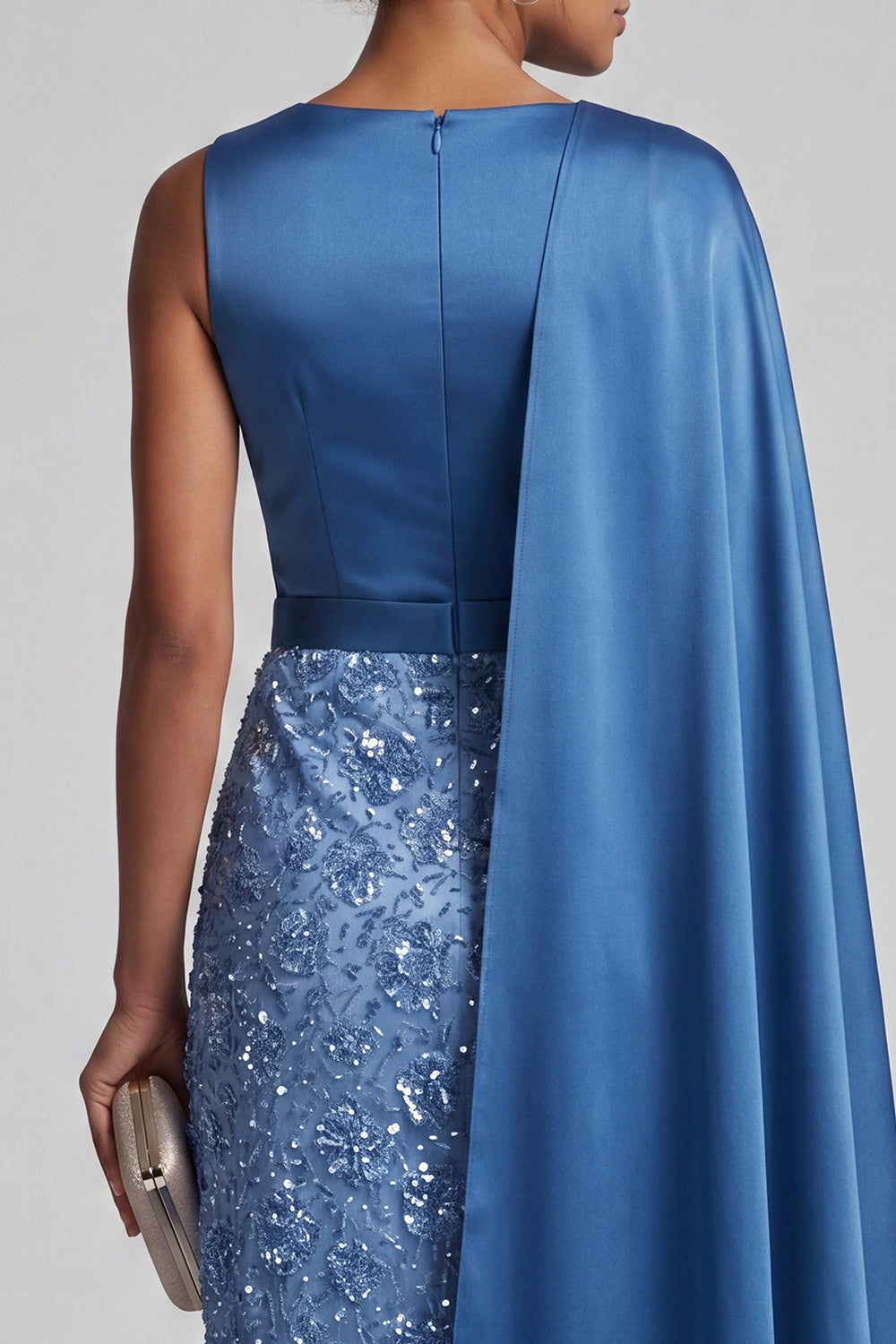 Long Sparkly Dusty Rose Sheath Sequin Mother of the Bride Dress with Side Cape