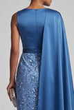 Long Sparkly Dusty Rose Sheath Sequin Mother of the Bride Dress with Side Cape