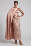 Long Sparkly Dusty Rose Sheath Sequin Mother of the Bride Dress with Side Cape